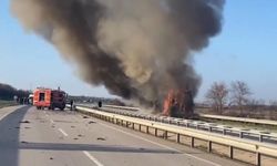 Edirne’de domates yüklü tır alev alev yandı