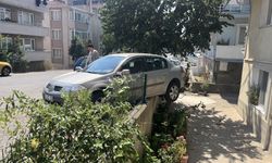 El frenini çekmeyi unuttu, otomobil bahçe duvarında asılı kaldı