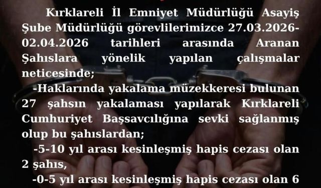 Kırklareli'nde aranan 8 kişi yakalandı