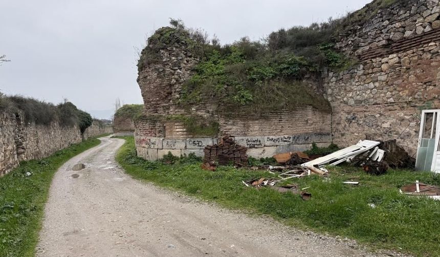 İznik'te 2 bin yıllık surlara sprey boya ile yazılan yazılar tepki çekti