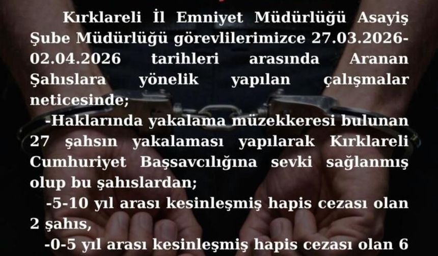 Kırklareli'nde aranan 8 kişi yakalandı